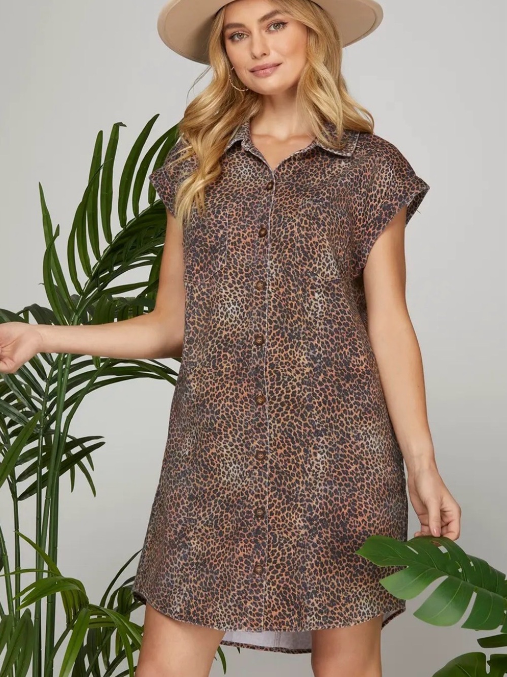 NEW She + Sky Leopard Print Shirt Dress 1XL Cotton Denim Twill pockets